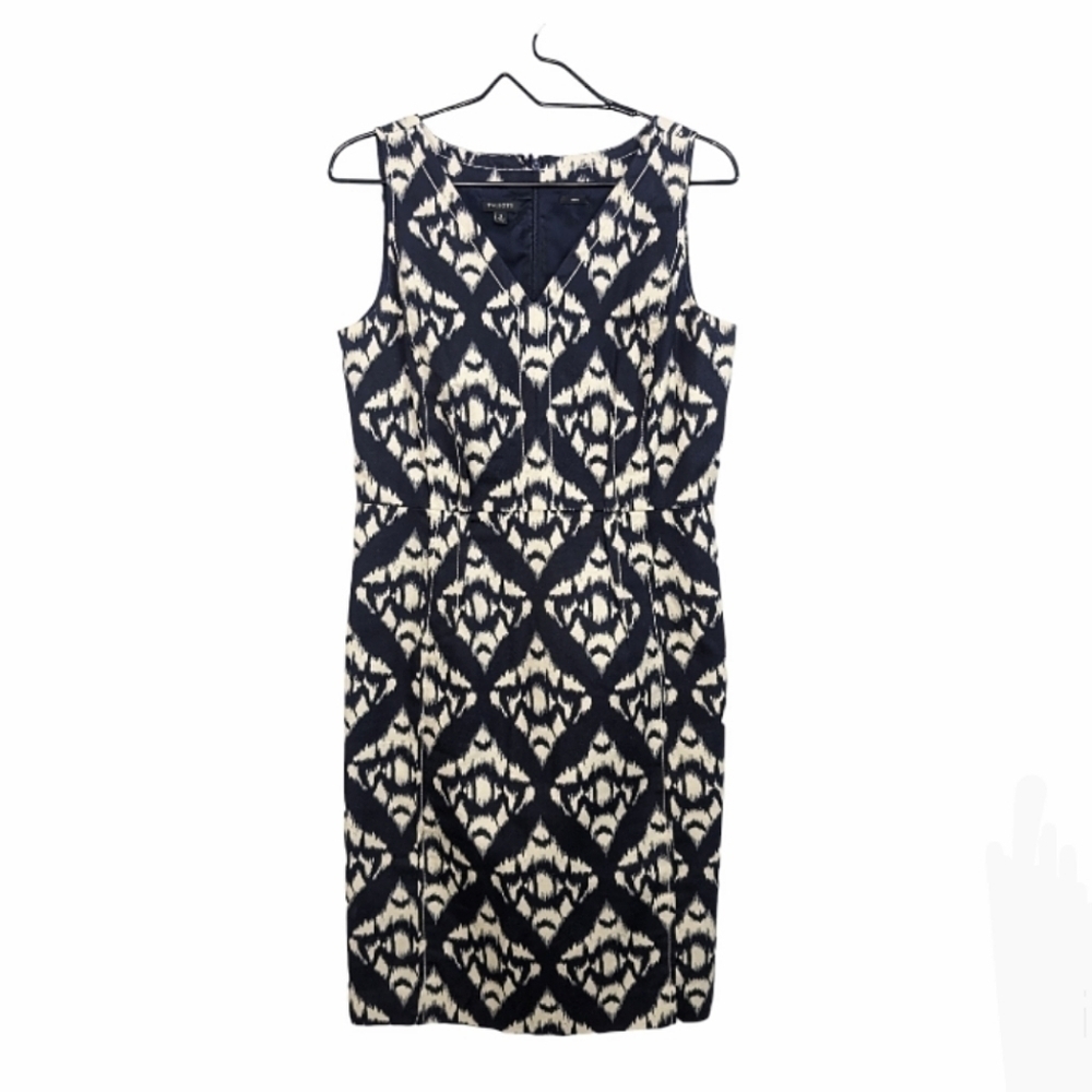 Talbots Women Navy Blue Tan Sheath Pencil Dress V-Neck Sleeveless Knee Length 8